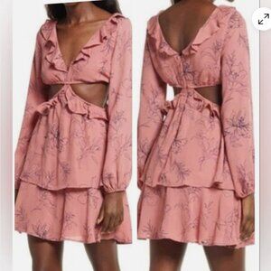 Open Edit  NWT Pink and Navy Sketch Floral Cutout Long Sleeve Dress - Size M